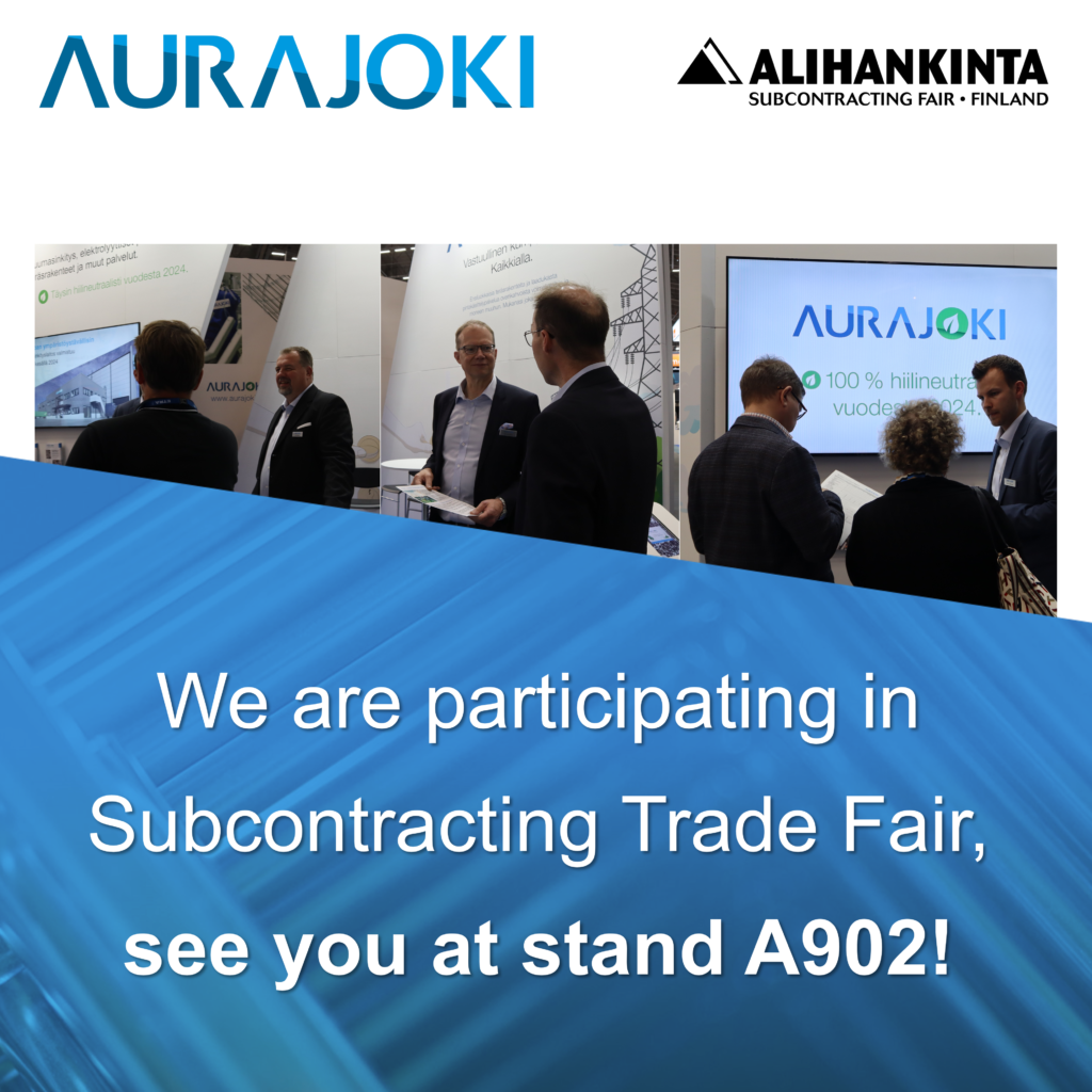 A collage with three images where sales representatives are showcasing the company at the fair. The text reads: "We are participating in the Alihankinta 2024 Fair, see you at booth A902!" and includes the logos of Aurajoki Oy and the Subcontracting Trade Fair.