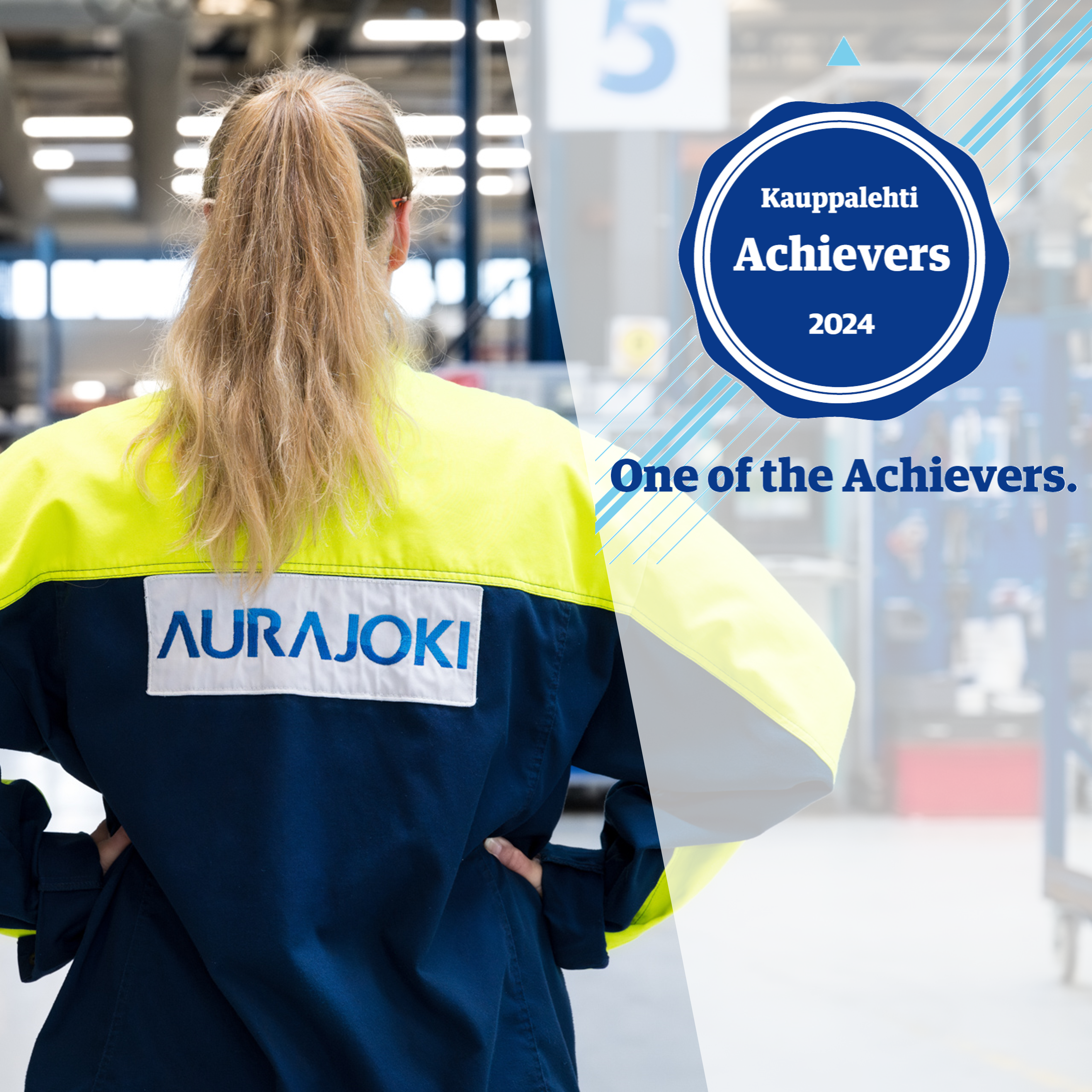 A woman stands with her back to the camera, hands on her hips, wearing a work coat that reads "Aurajoki." Next to her, it says, "Kauppalehti Achievers 2024 - One of the Achievers."