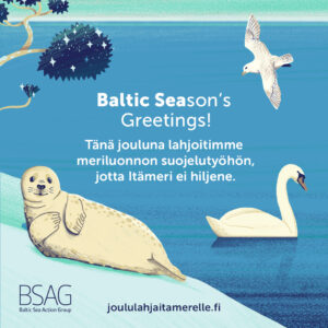 Kuvassa lokki, joutsen ja hylje Itämeren rannalla, tekstinä Baltic Season's Greetings! Tänä jouluna lahjoitimme meriluonnon suojelutyöhön, jotta Itämeri ei hiljene, Baltic Sea Action Group BSAG, joululahjaitamerelle.fi.